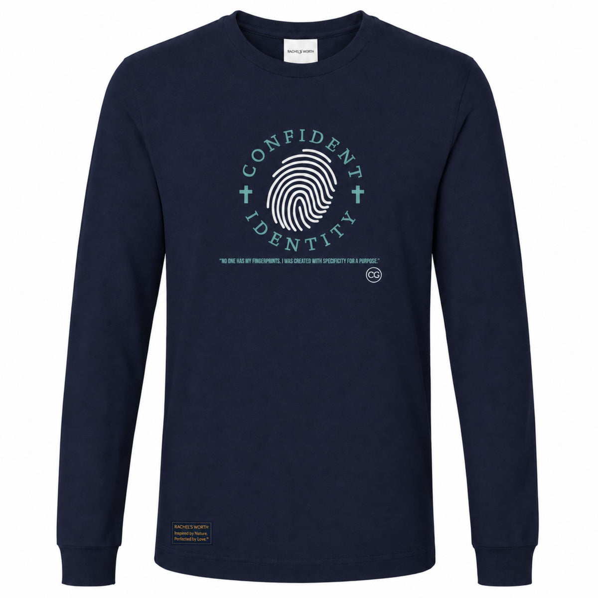 Front view of the Confident Identity Cross Women's Navy Long Sleeve T-Shirt featuring fingerprint and cross artwork.
