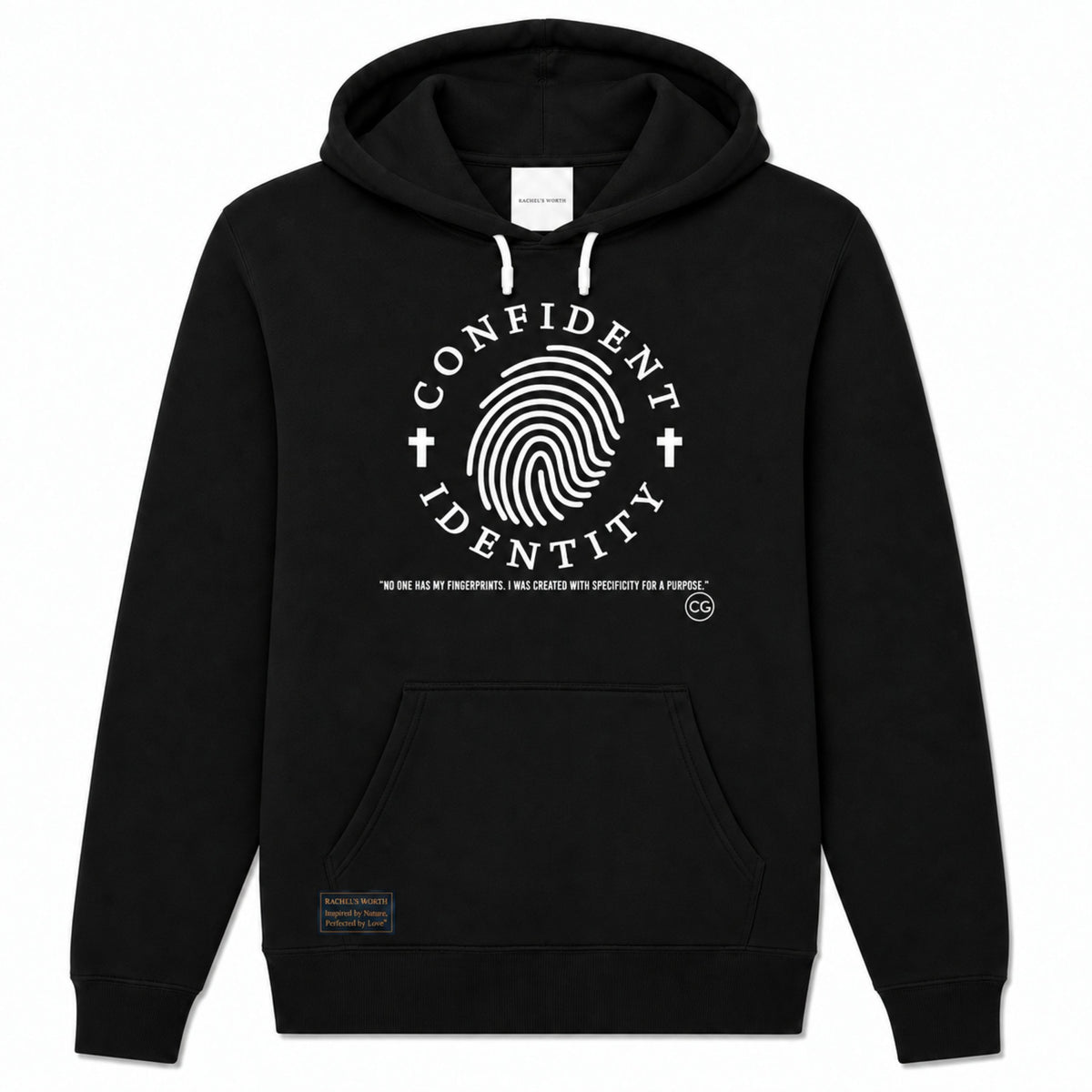 Front view of the Rachel's Worth Confident Identity Cross Women's Black Hoodie featuring fingerprint and cross artwork.