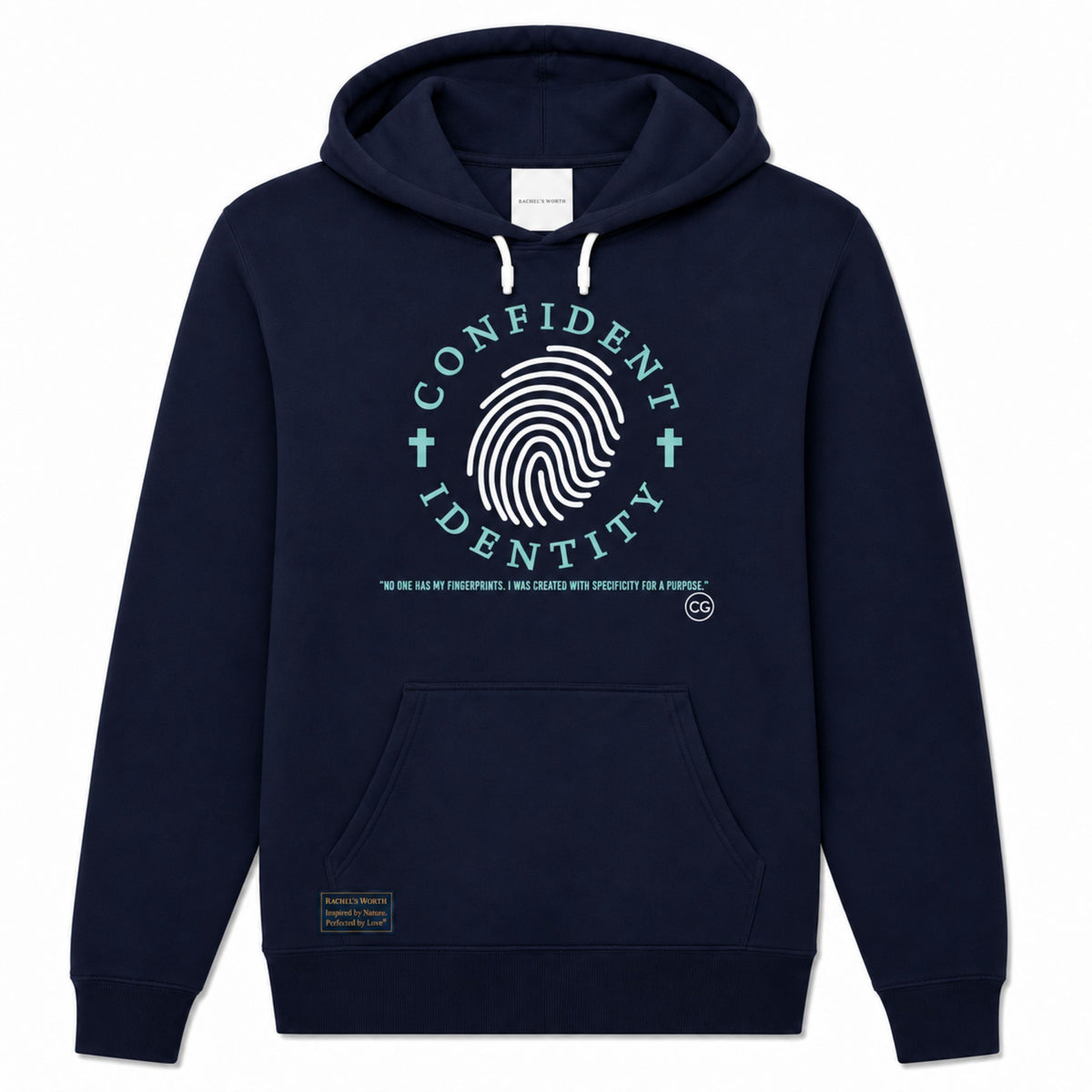 Front view of the Rachel's Worth Confident Identity Cross Women's Navy Hoodie featuring fingerprint and cross artwork.