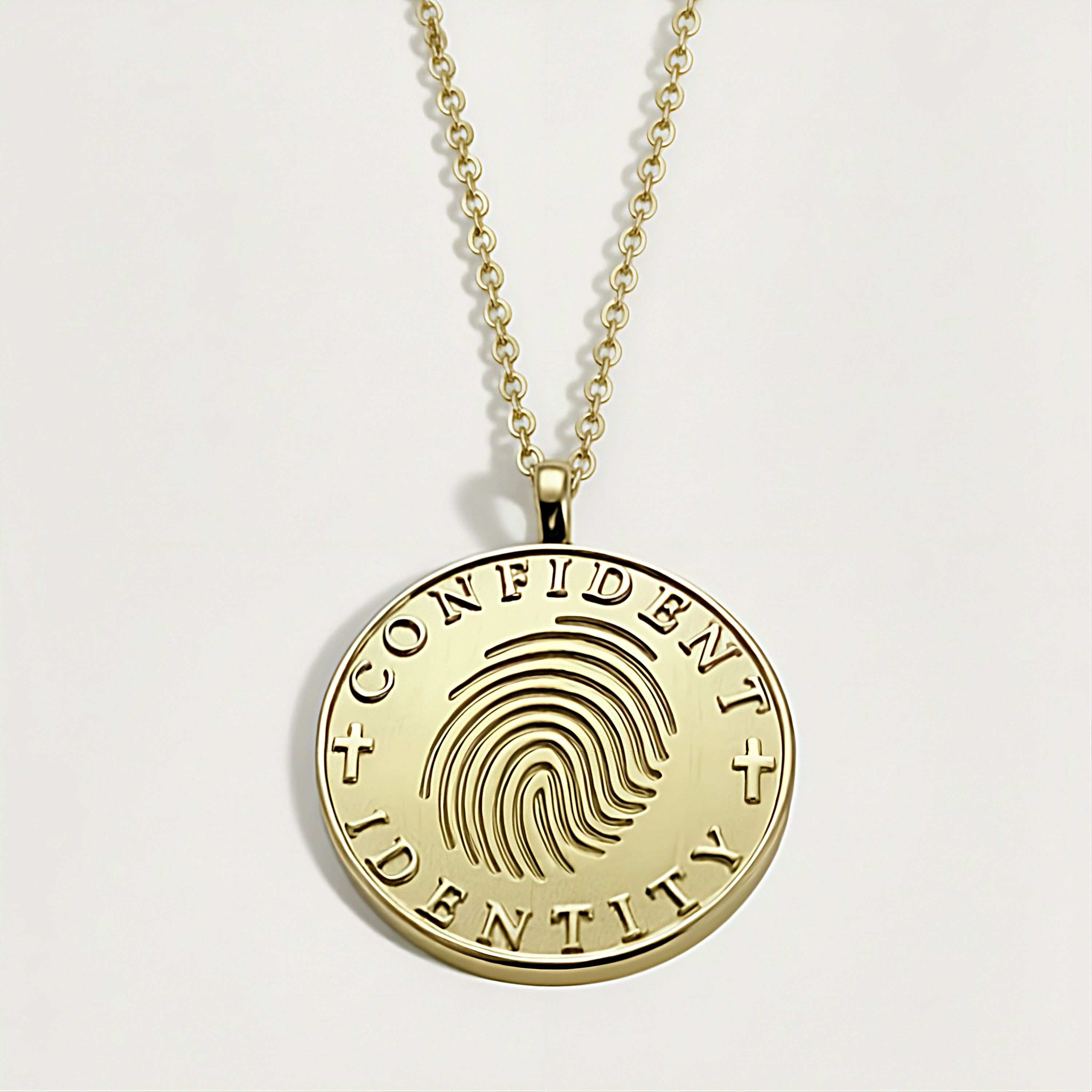 Front view of the Rachel's Worth Confident Identity 14k gold vermeil necklace with engraved fingerprint artwork and Christian cross accents symbolizing identity in Christ.