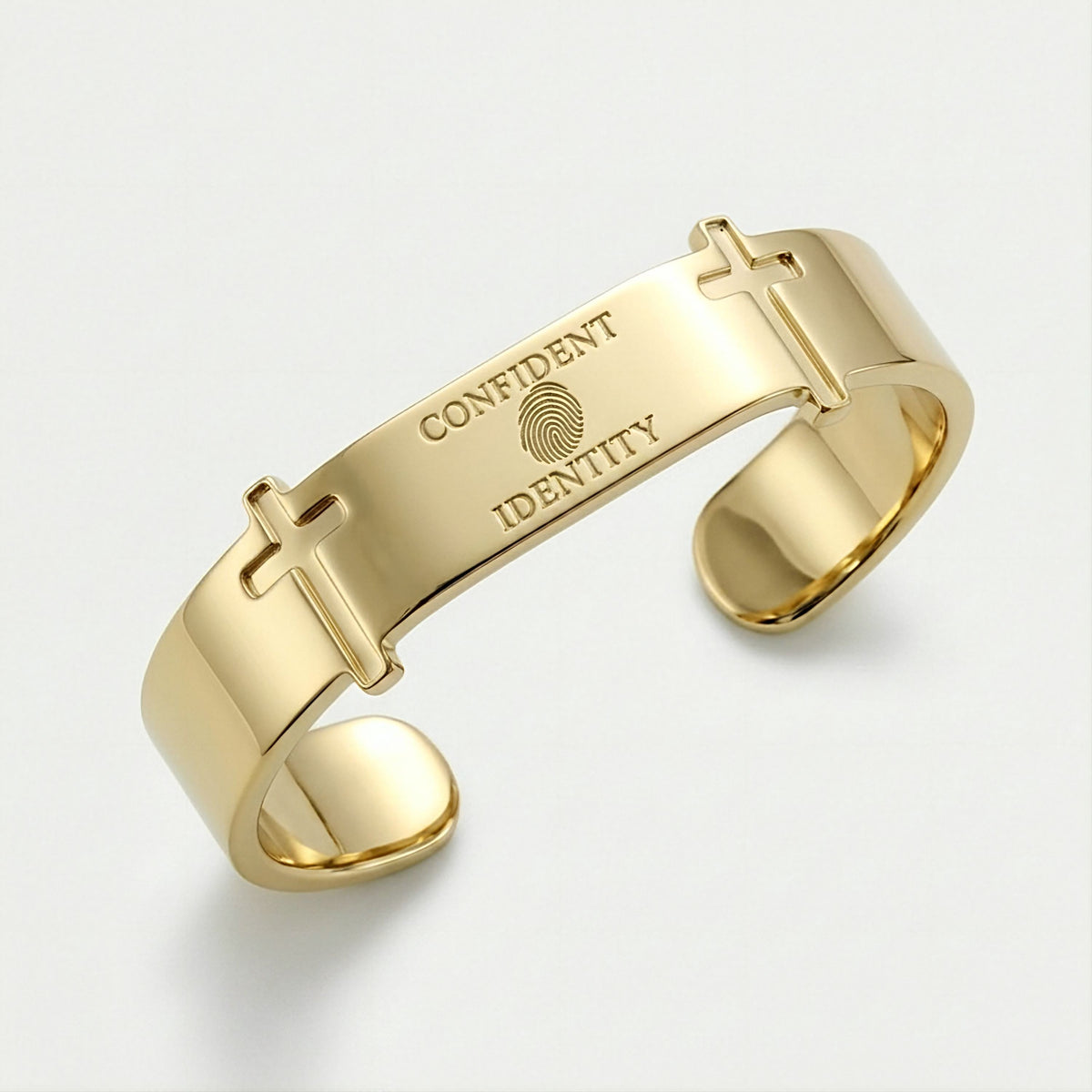 Detailed view of the solid 14K gold craftsmanship on the Rachel's Worth Confident Identity Cuff Bracelet.