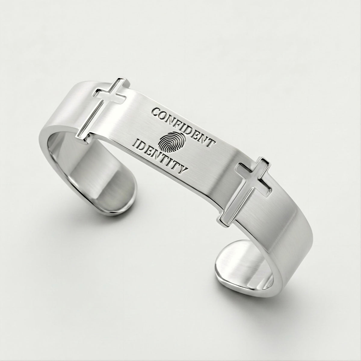 Detailed view of the sterling silver craftsmanship on the Rachel's Worth Confident Identity Cuff Bracelet.