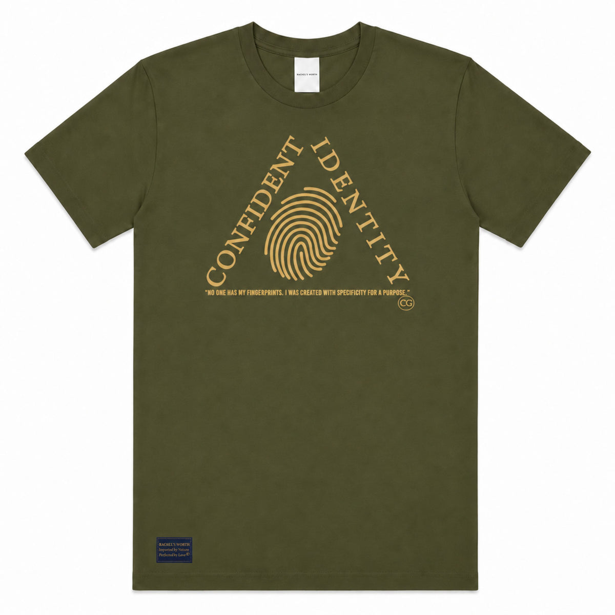 Olive Confident Identity Triangle Short Sleeve Tee featuring the Rachel's Worth triangle design.