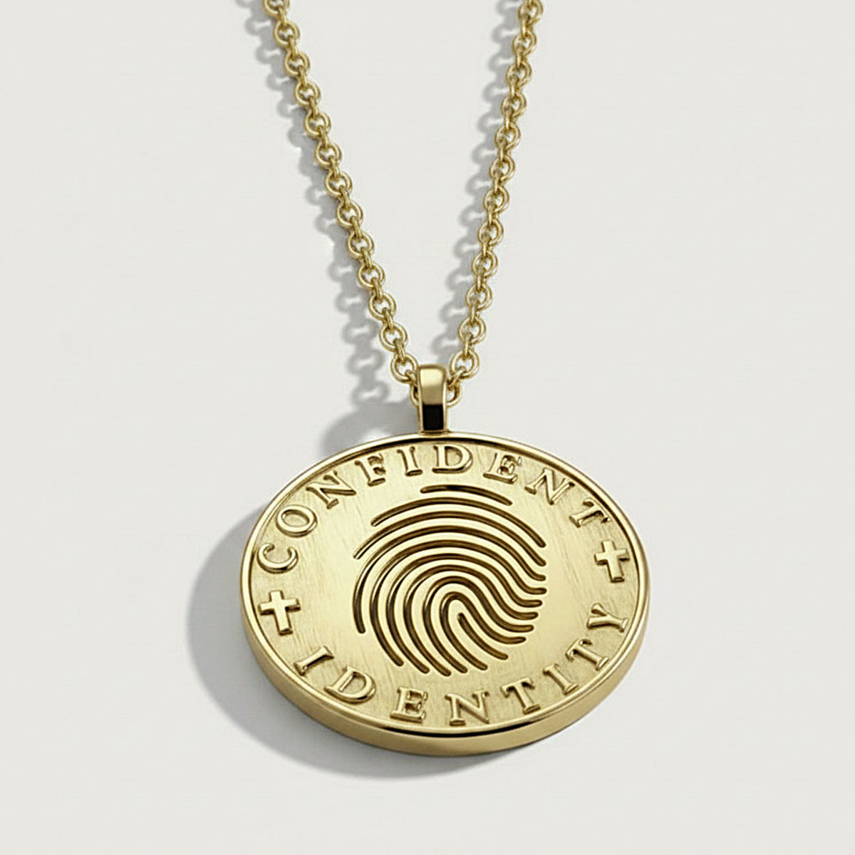 Front view of the Confident Identity Yellow Gold Vermeil Coin Pendant Necklace with a refined polished finish.