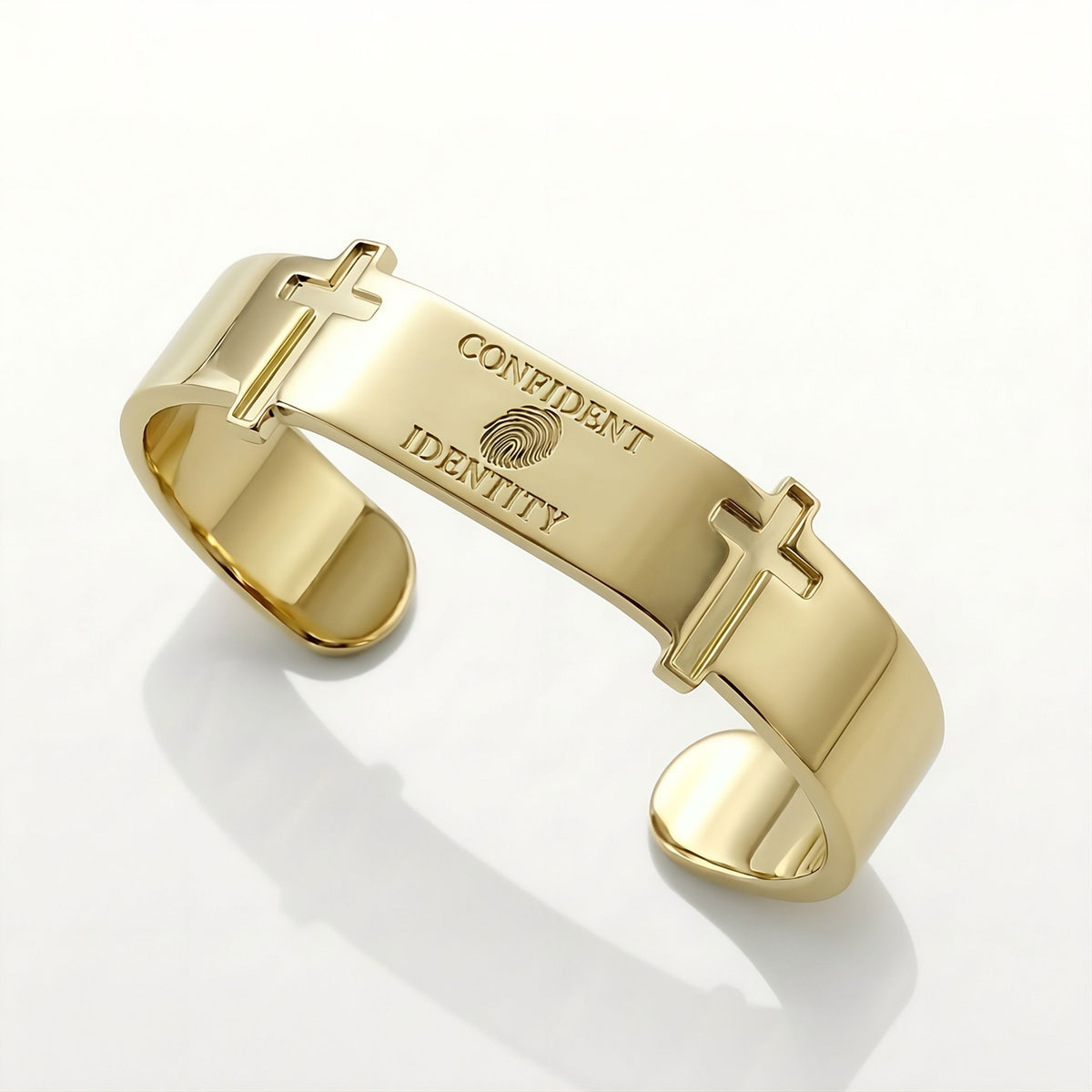 Detailed view of the yellow gold vermeil craftsmanship and polished finish on the Confident Identity Cuff Bracelet.