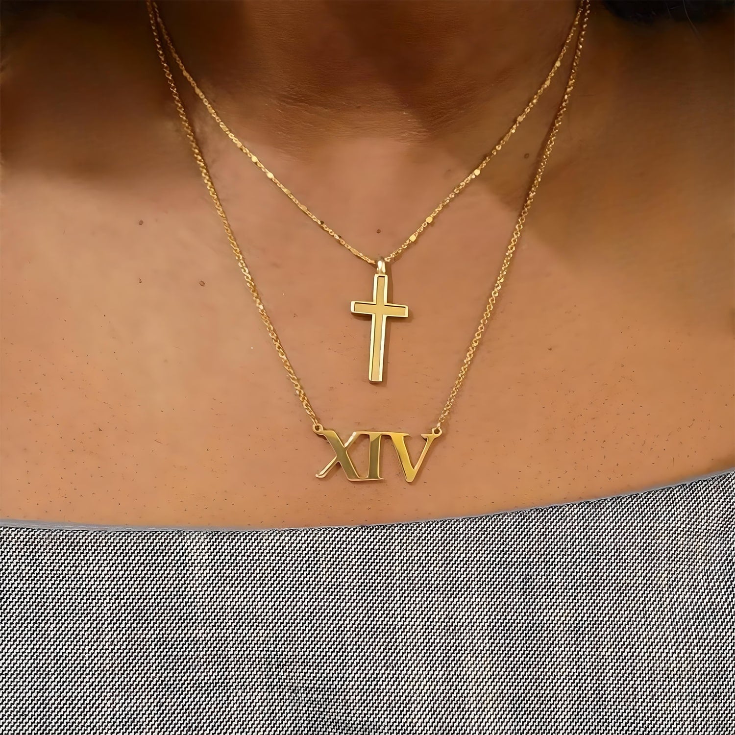 minimalist gold cross necklace on model - luxury Christian jewelry brand