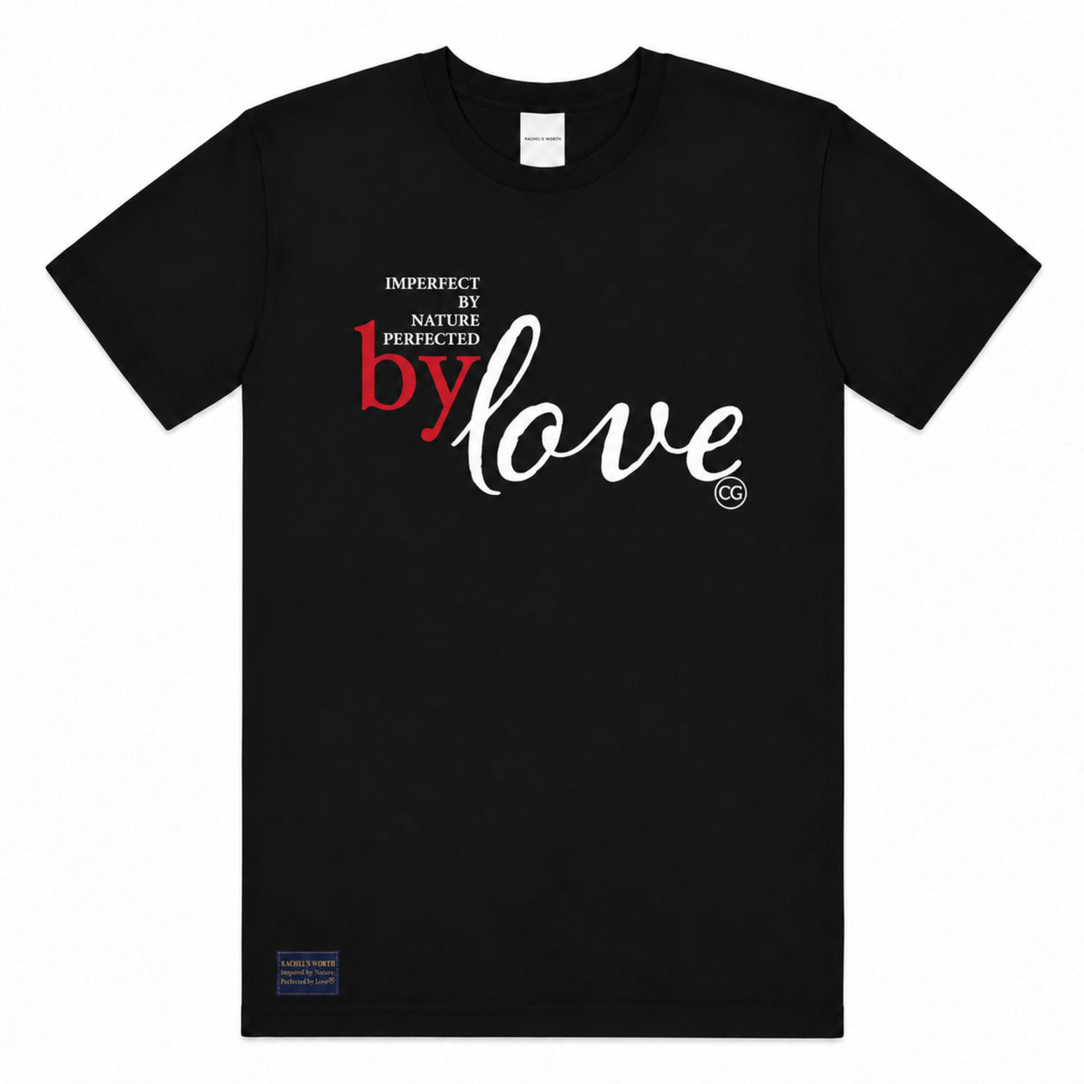 Front view of the Imperfect by Nature, Perfected by Love Women's Black Short Sleeve T-Shirt featuring the faith-inspired statement design.