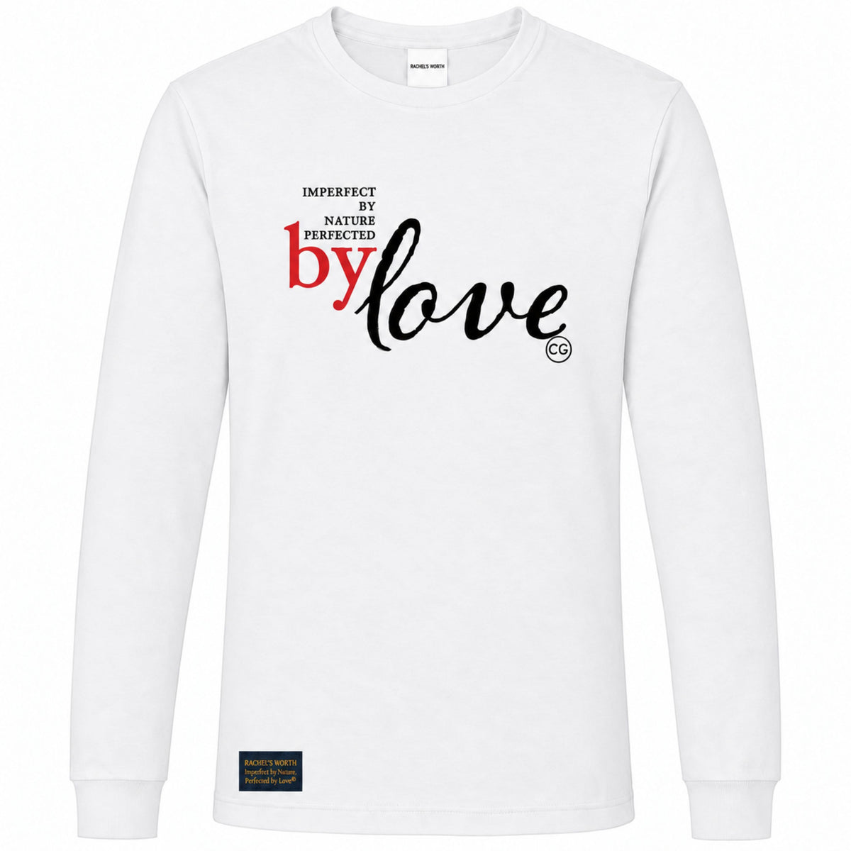 Front view of the Imperfect by Nature, Perfected by Love Women's White Long Sleeve T-Shirt featuring the faith-inspired statement design.