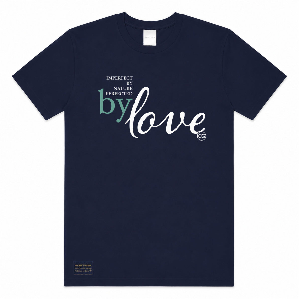 Front view of the Imperfect by Nature, Perfected by Love Women's Navy Short Sleeve T-Shirt featuring the faith-inspired statement design.