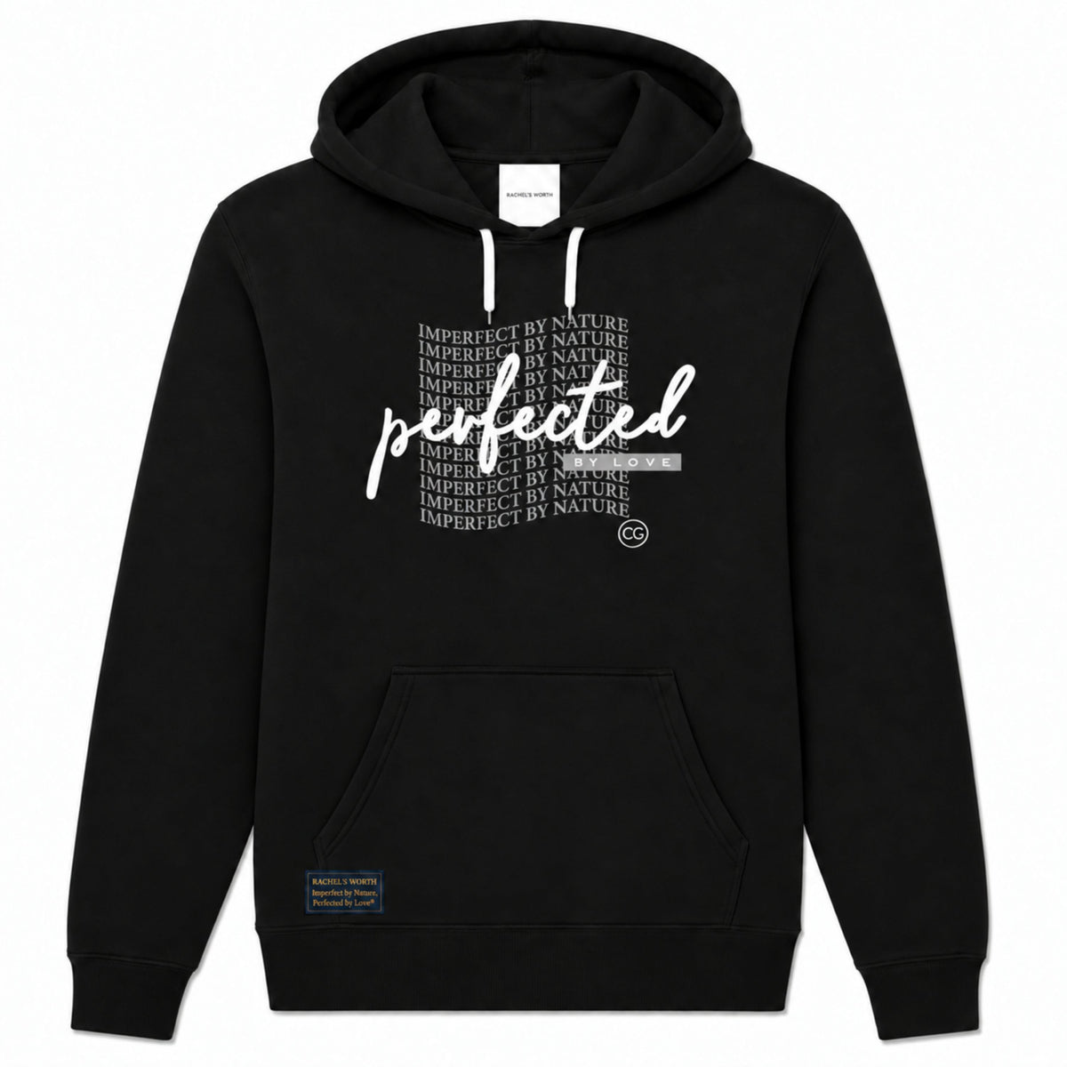 Front view of the Imperfect by Nature, Perfected by Love Wave Women's Black Hoodie featuring the faith-inspired graphic design.