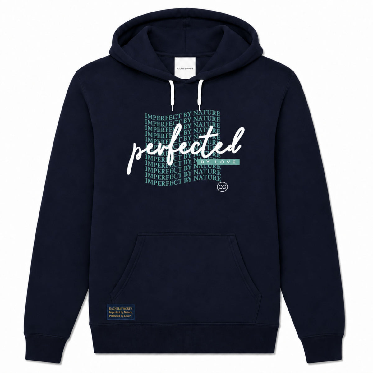 Front view of the Imperfect by Nature, Perfected by Love Wave Women's Navy Hoodie featuring the faith-inspired graphic design.