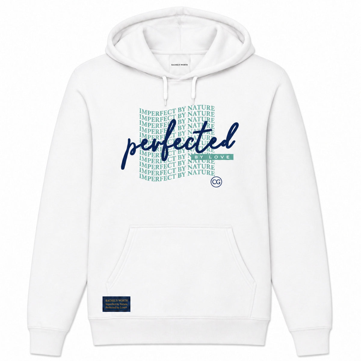 Front view of the Imperfect by Nature, Perfected by Love Wave Women's White Hoodie featuring the faith-inspired graphic design.