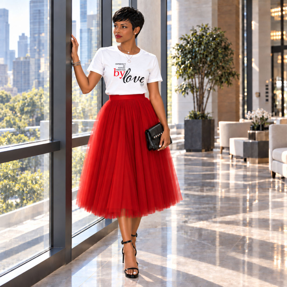 Woman wearing the Rachel's Worth Imperfect by Nature, Perfected by Love Women's Short Sleeve T-Shirt styled with sophisticated everyday elegance.
