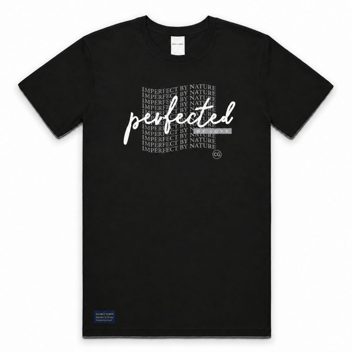 Front view of the Rachel's Worth Perfected by Love Wave Black Short Sleeve T-Shirt featuring the faith-inspired graphic design.