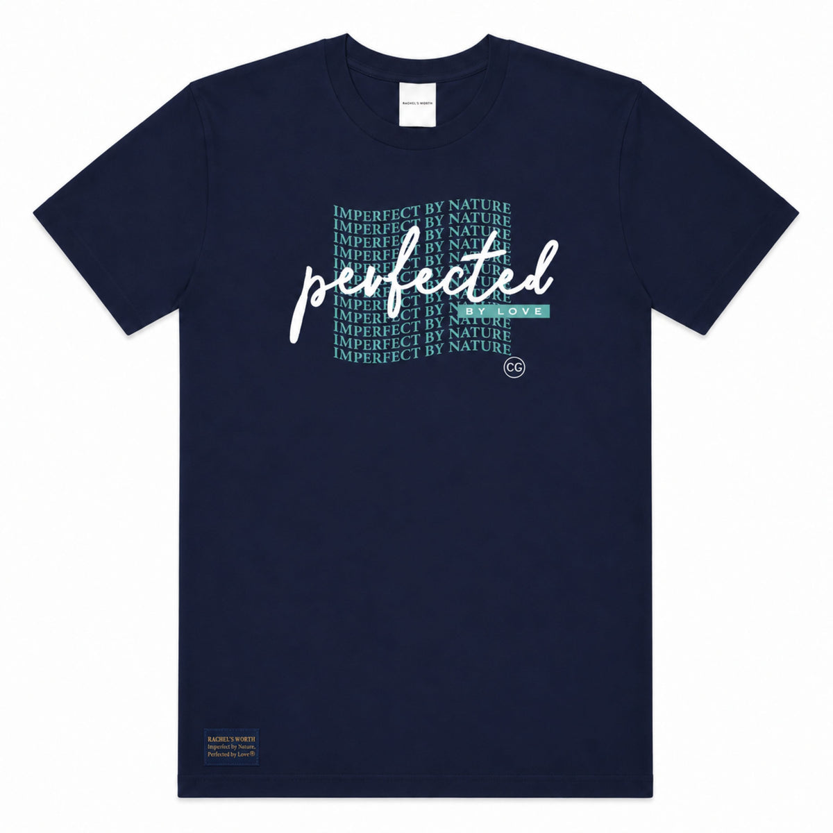 Front view of the Rachel's Worth Perfected by Love Wave Navy Short Sleeve T-Shirt featuring the faith-inspired graphic design.