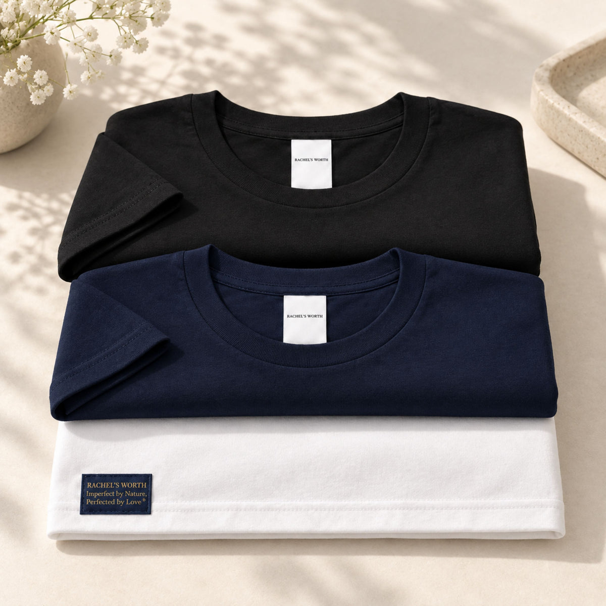 White, black, and navy color options for the Rachel's Worth Perfected by Love Wave Short Sleeve T-Shirt.