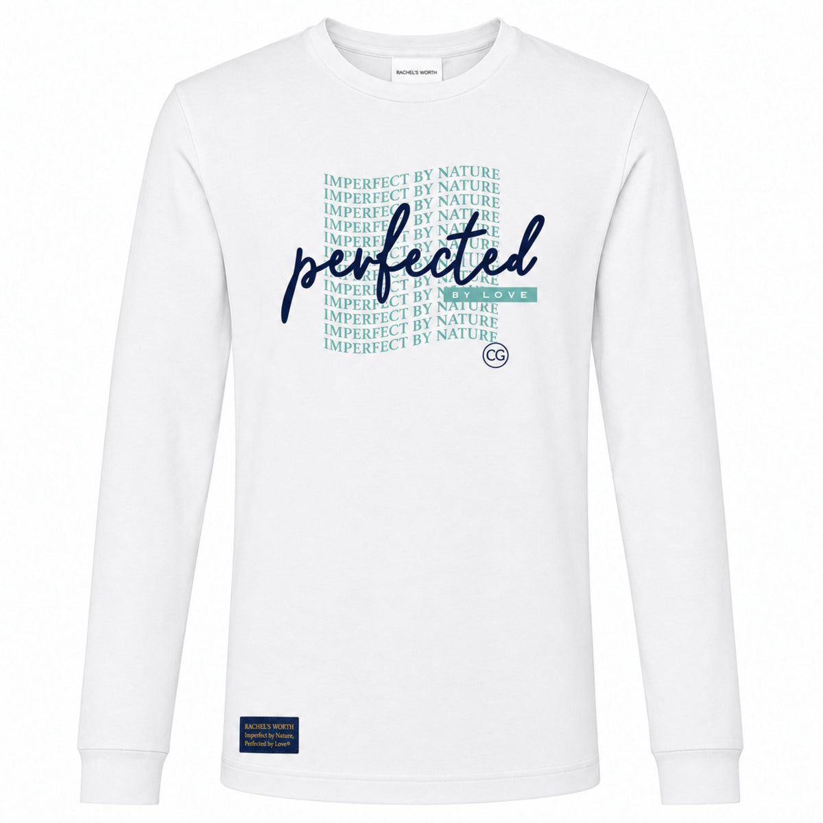 Front view of the Perfected by Love Wave Women's White Long Sleeve T-Shirt featuring the faith-inspired graphic design.