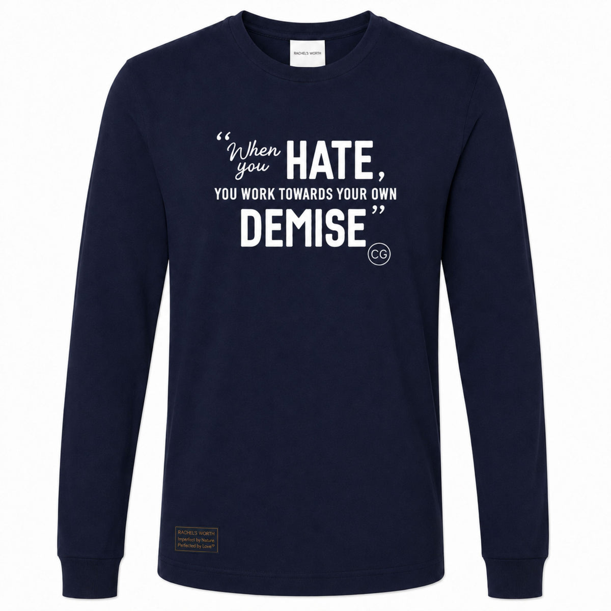 Front view of the Rachel's Worth Demise Navy Long Sleeve Tee with faith-inspired statement typography.