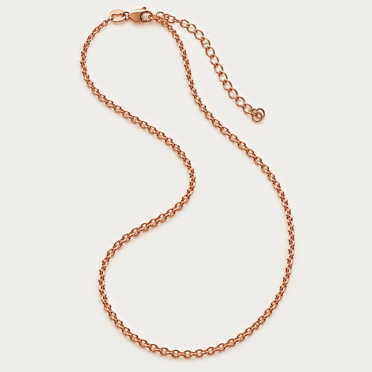 Close-up of the XIV 18K Rose Gold Vermeil Necklace showing the diamond-cut rolo chain, 2-inch extender, and lobster-claw clasp.