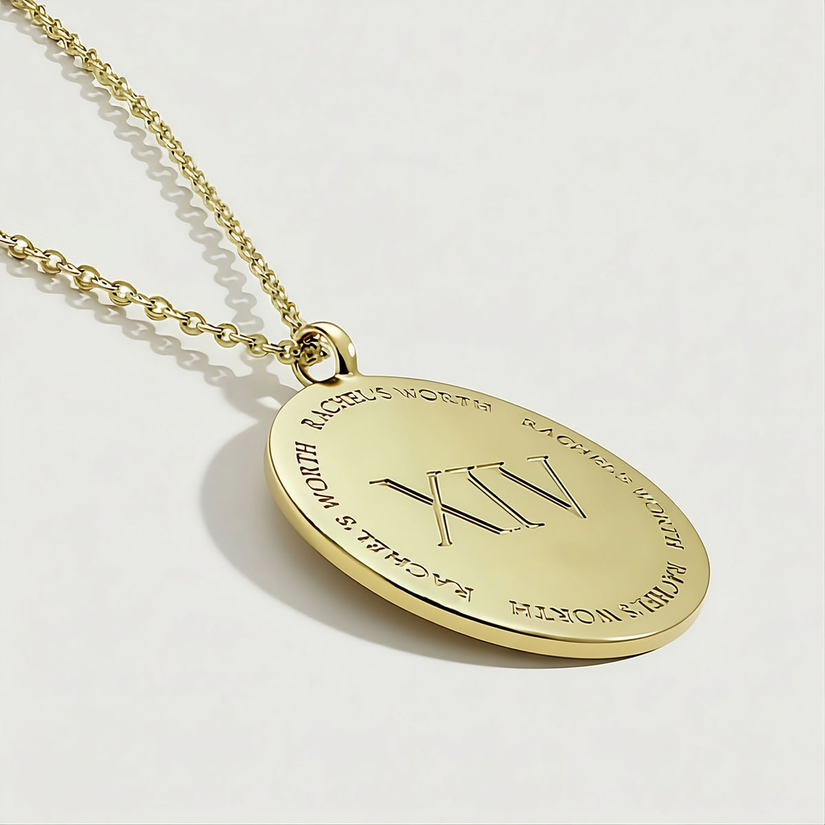 Detailed view of the solid 14K gold craftsmanship on the Rachel's Worth XIV Coin Pendant Necklace.