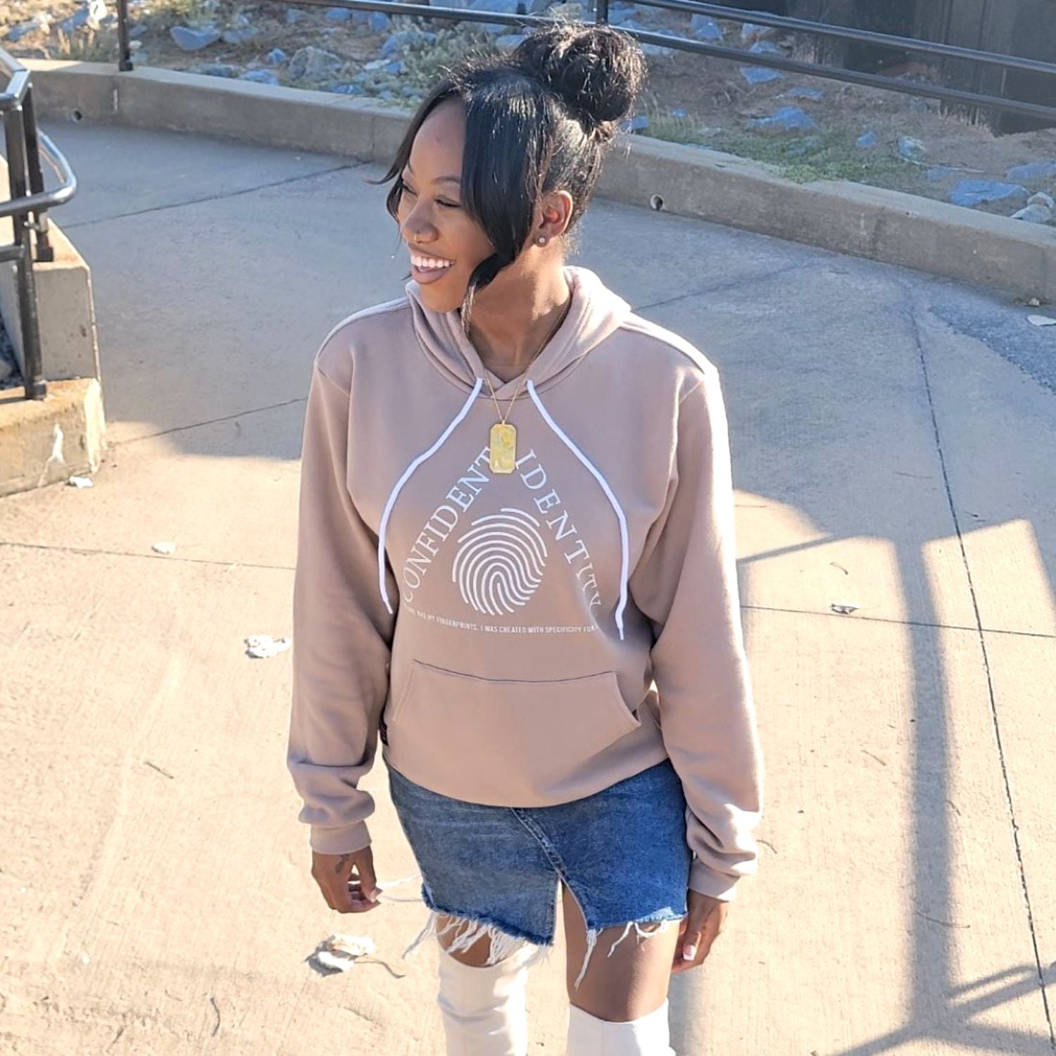Tan Confident Identity Hoodie Model