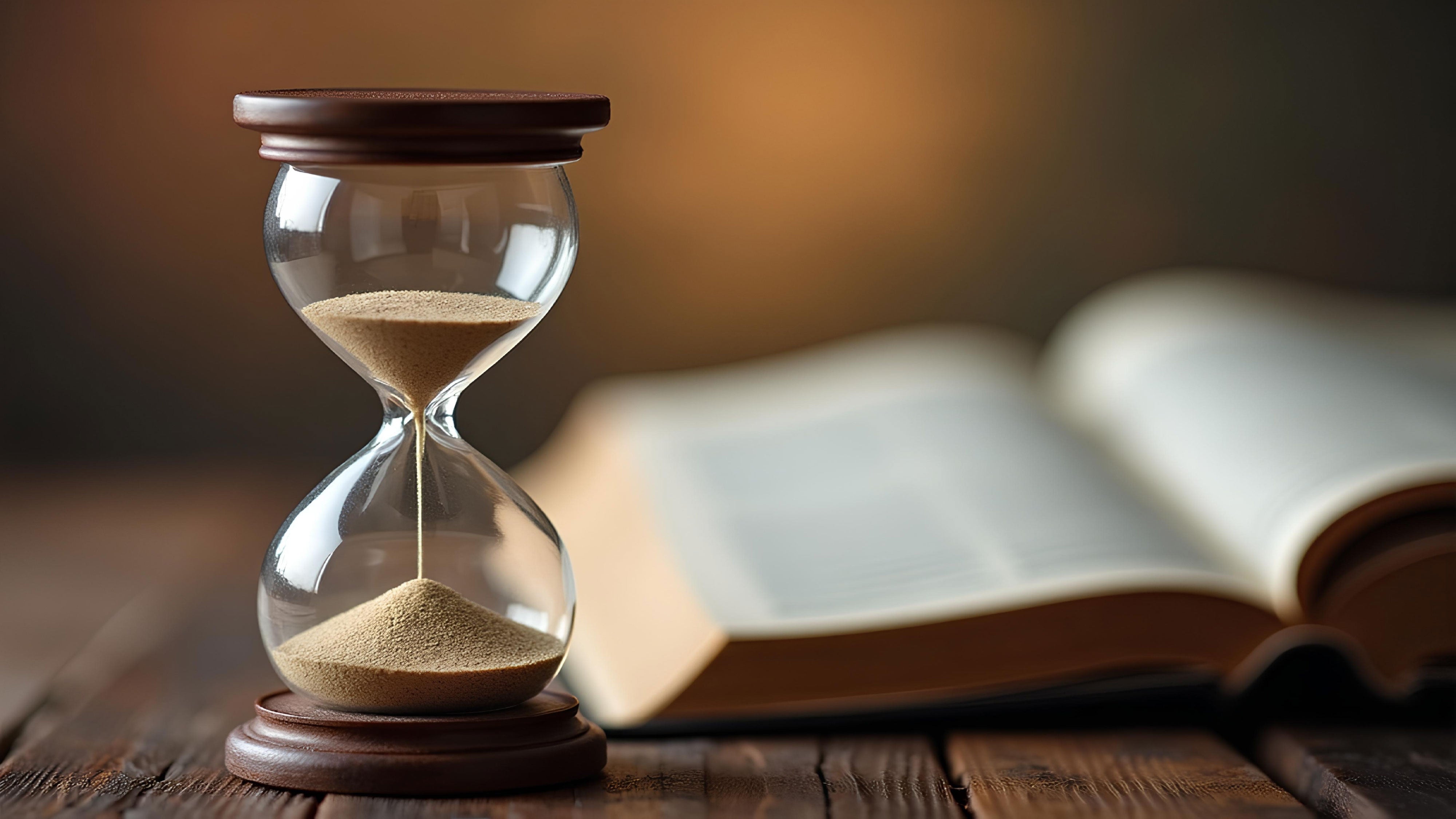 Hourglass counting down time with bible laying in the background