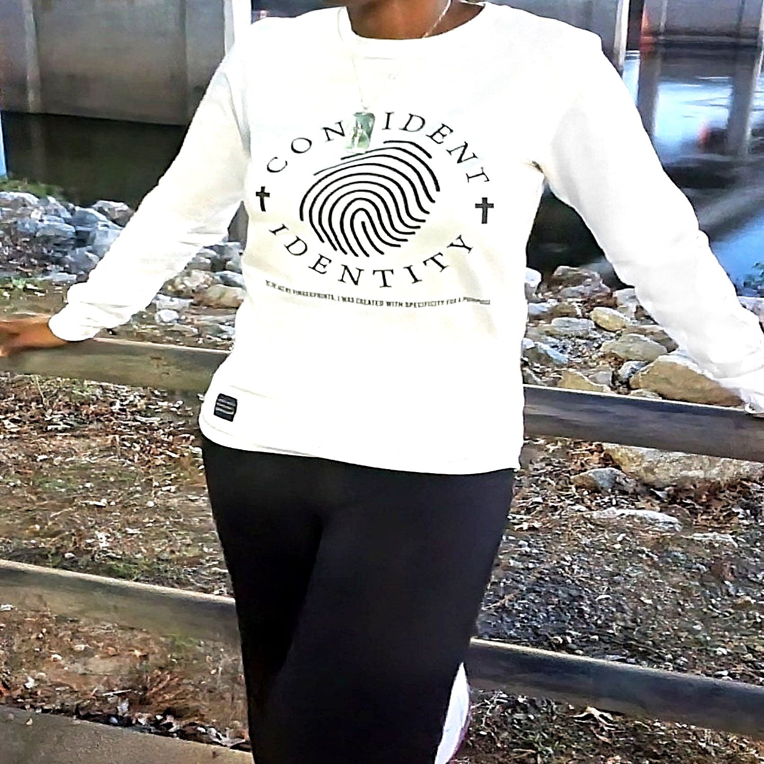 White Confident Identity Long Sleeve Tee Model