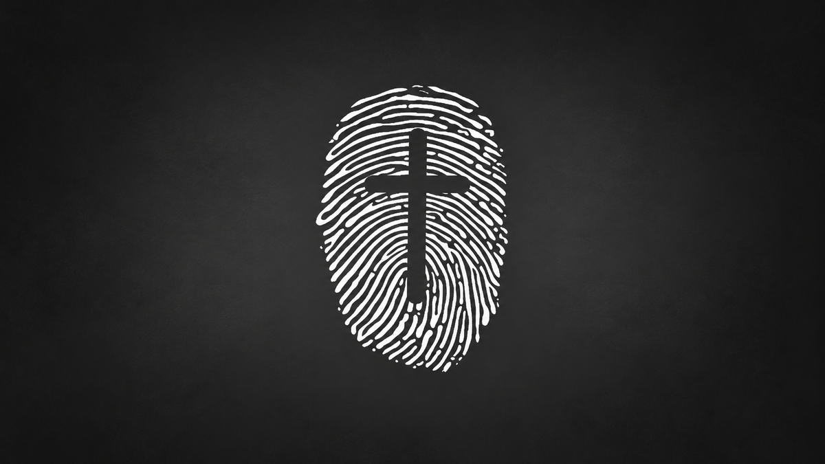 Fingerprint with a cross representing confident identity, faith, and God-given purpose.