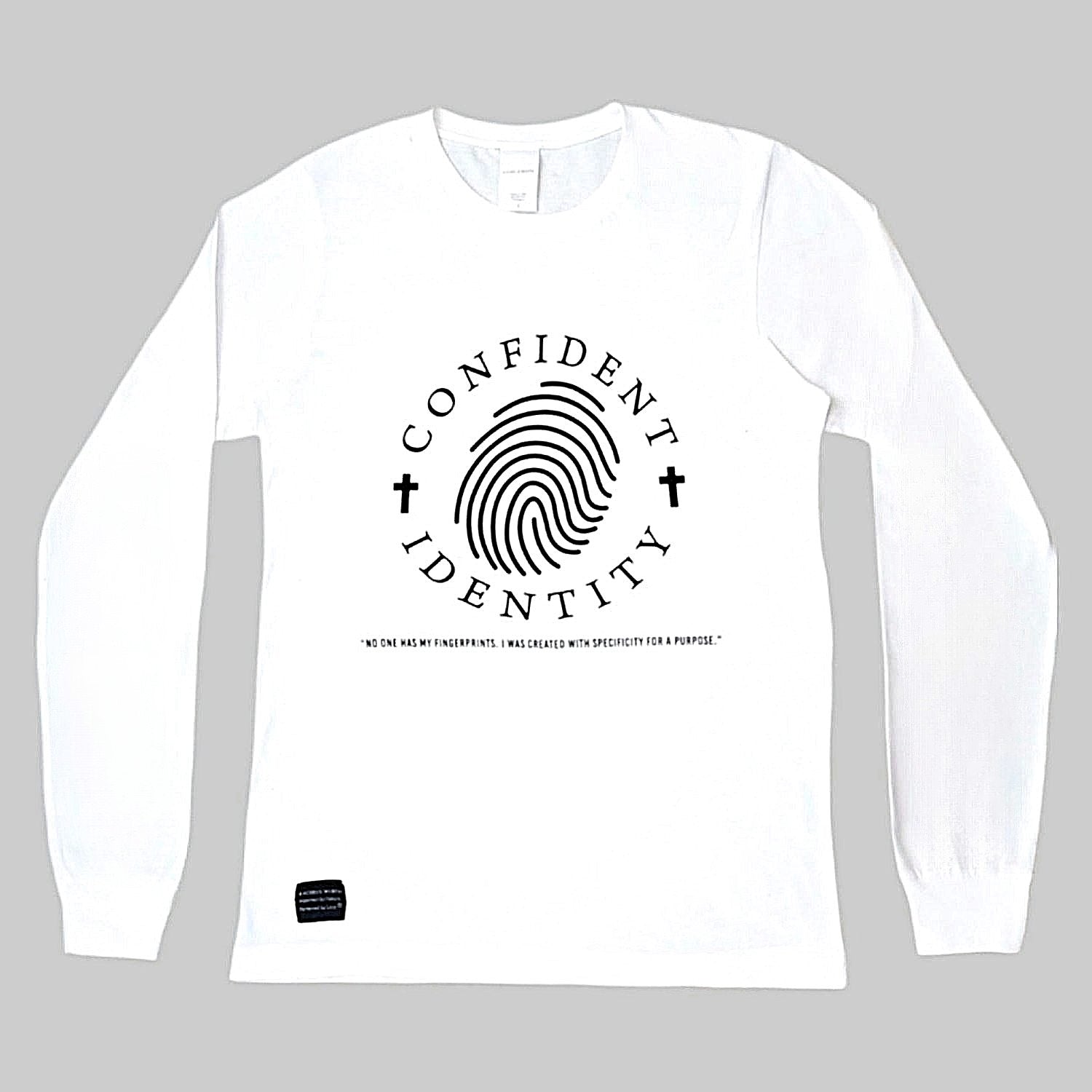 Confident Identity women's long sleeve t-shirt in white laying flat