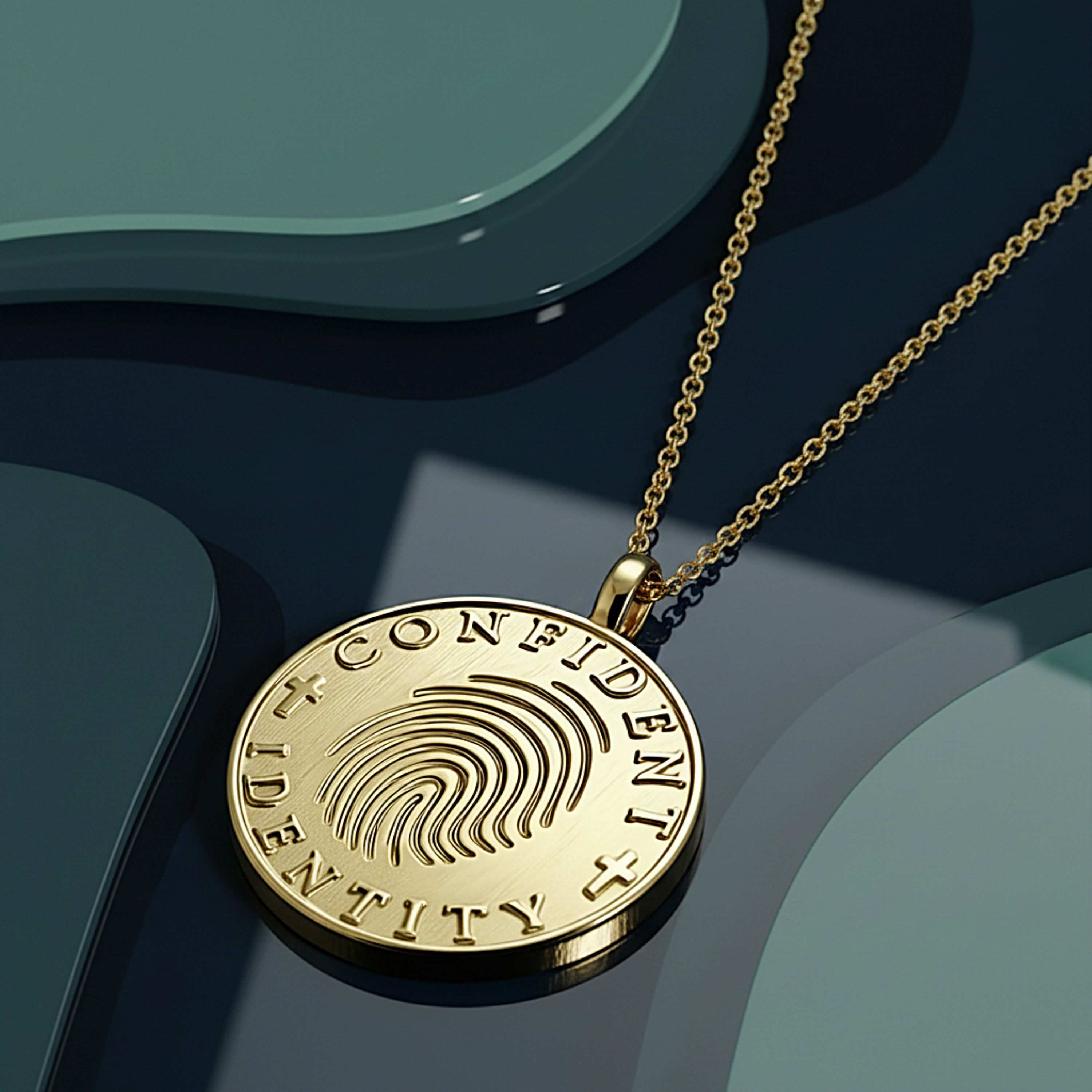 Rachel's Worth Confident Identity 14k gold Christian coin necklace displayed in a luxury lifestyle setting, featuring an engraved fingerprint design and faith-inspired details.