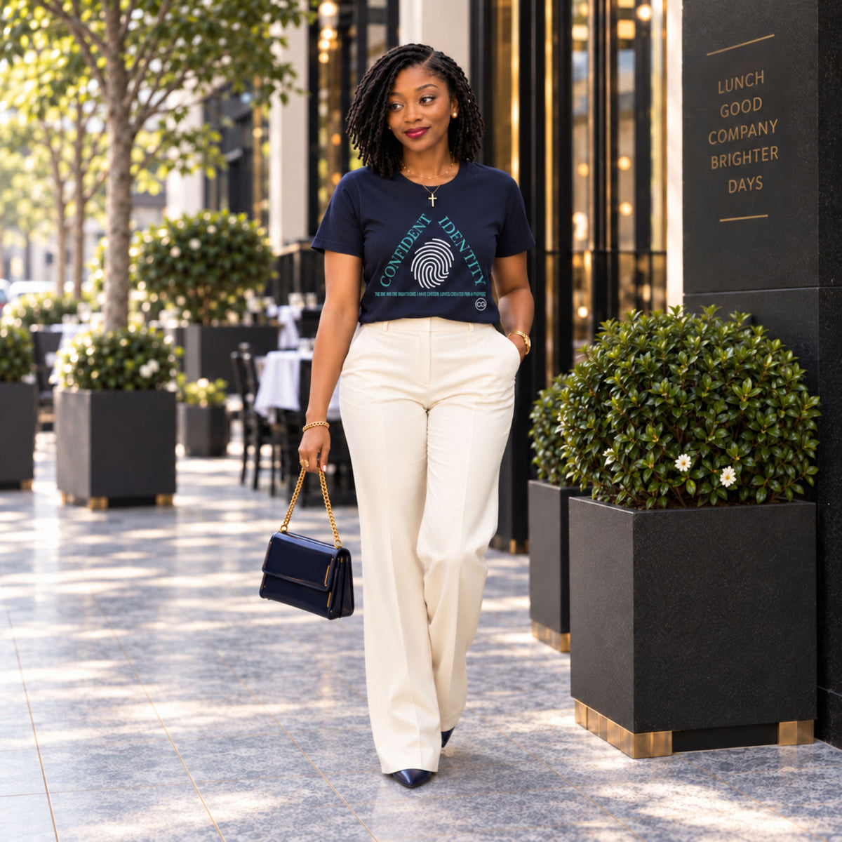 Navy Confident Identity Triangle Short Sleeve Tee by Rachel's Worth with signature faith-inspired graphic.