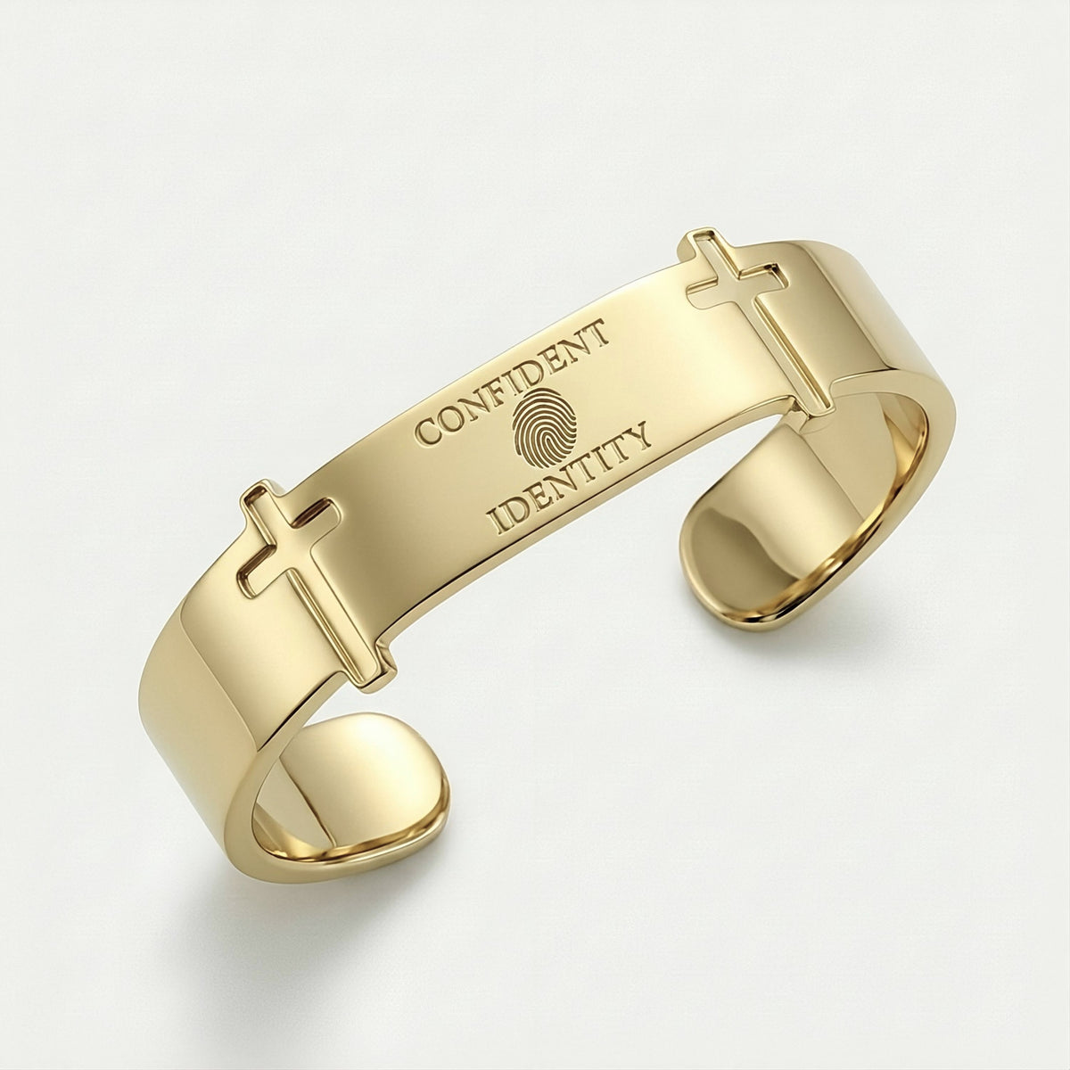 Close-up of the Rachel's Worth Confident Identity Yellow Gold Vermeil Cuff Bracelet highlighting its refined design.