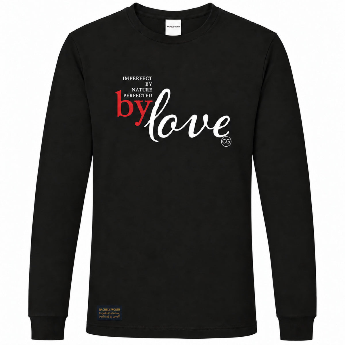 Front view of the Imperfect by Nature, Perfected by Love Women's Black Long Sleeve T-Shirt featuring the faith-inspired statement design.