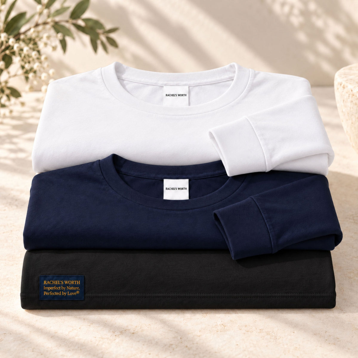 Black, navy, and white color options for the Rachel's Worth Imperfect by Nature, Perfected by Love Women's Long Sleeve T-Shirt.