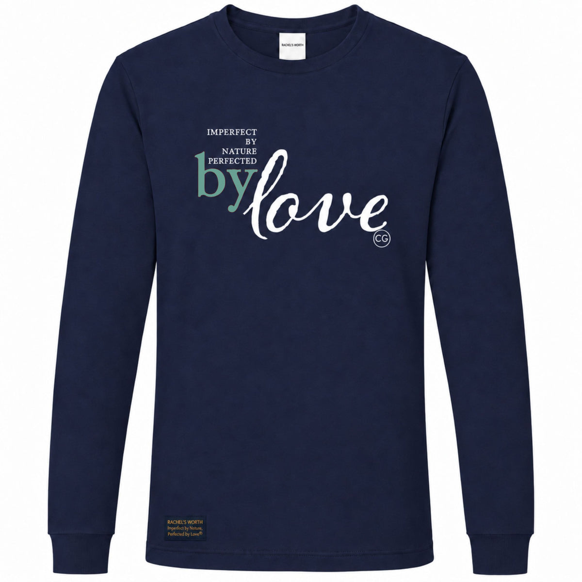 Front view of the Imperfect by Nature, Perfected by Love Women's Navy Long Sleeve T-Shirt featuring the faith-inspired statement design.