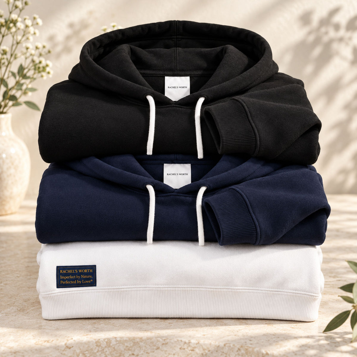 Black, navy, and white color options for the Rachel's Worth Imperfect by Nature, Perfected by Love Wave Women's Hoodie.