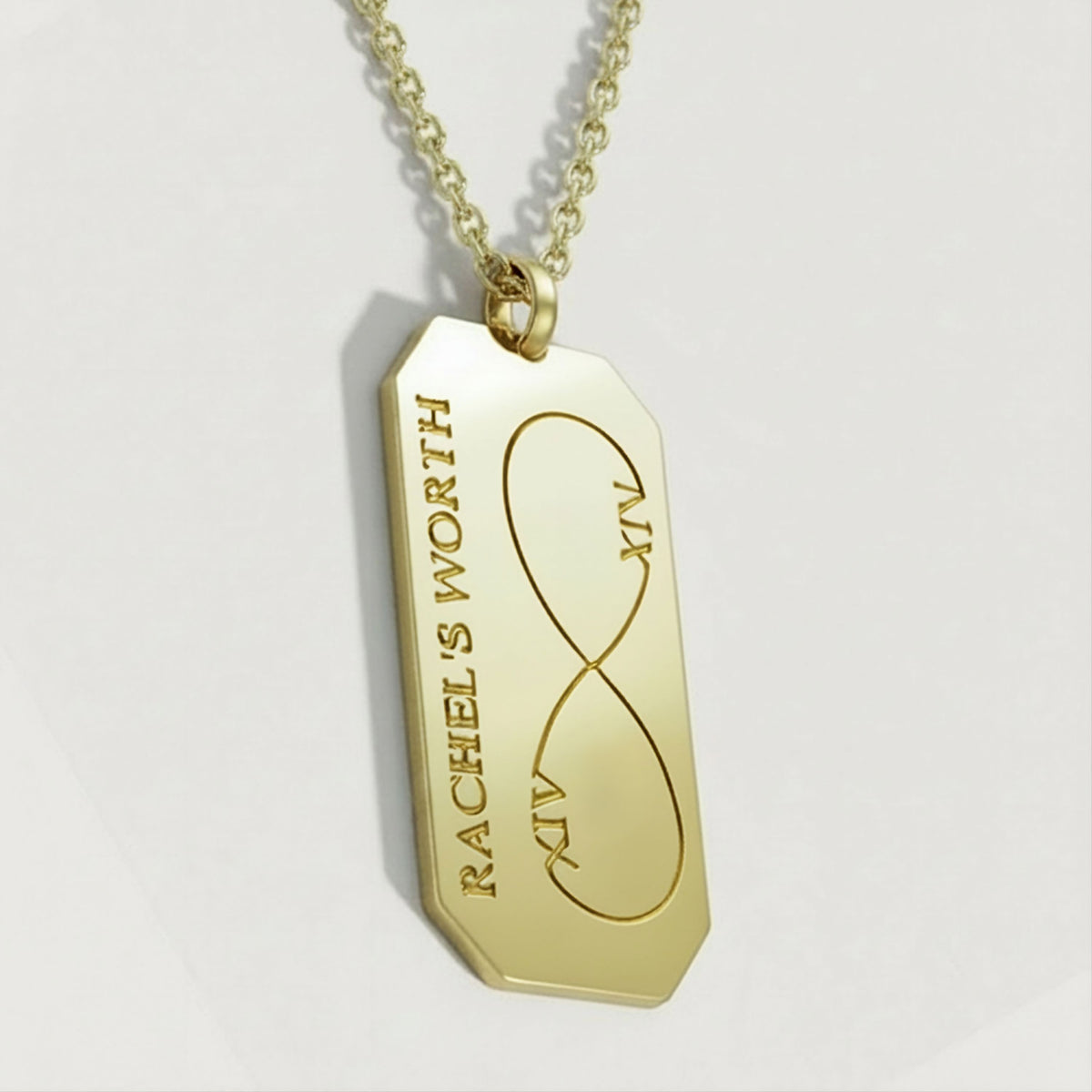 Front view of the Infinity Yellow Gold Vermeil Pendant Necklace by Rachel's Worth with an elegant polished finish.