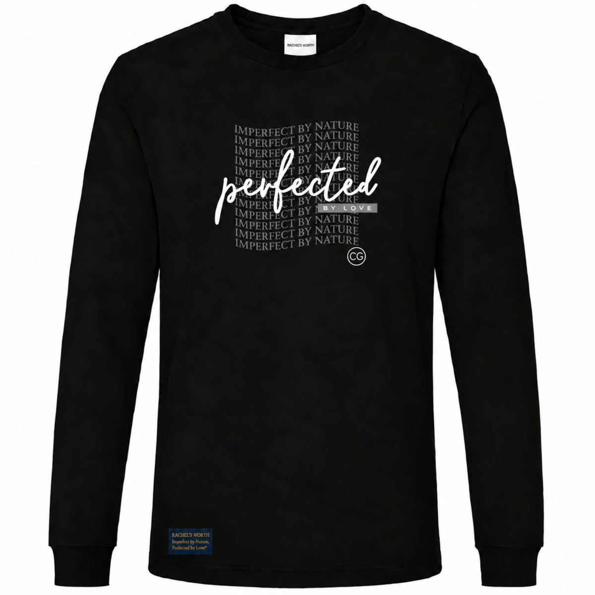 Front view of the Perfected by Love Wave Women's Black Long Sleeve T-Shirt featuring the faith-inspired graphic design.