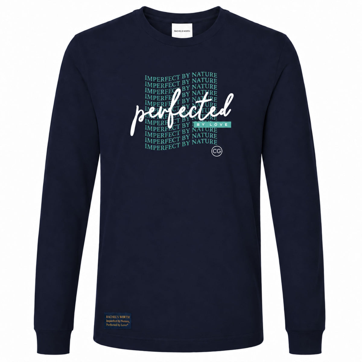 Front view of the Perfected by Love Wave Women's Navy Long Sleeve T-Shirt featuring the faith-inspired graphic design.