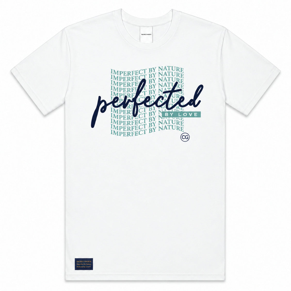 Front view of the Rachel's Worth Perfected by Love Wave Short Sleeve T-Shirt featuring the faith-inspired graphic design.