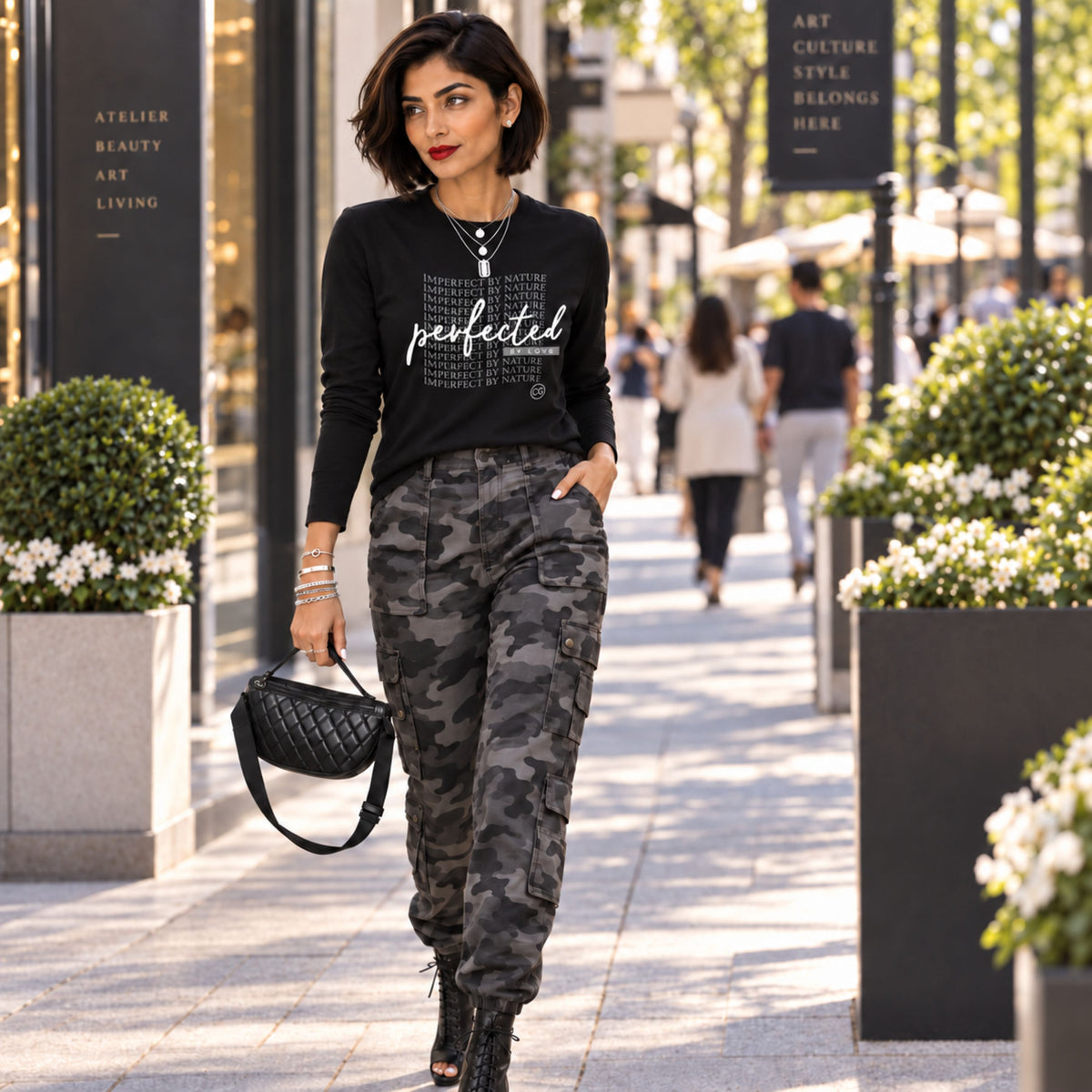 Woman wearing the Rachel's Worth Perfected by Love Wave Long Sleeve T-Shirt styled with sophisticated everyday elegance.