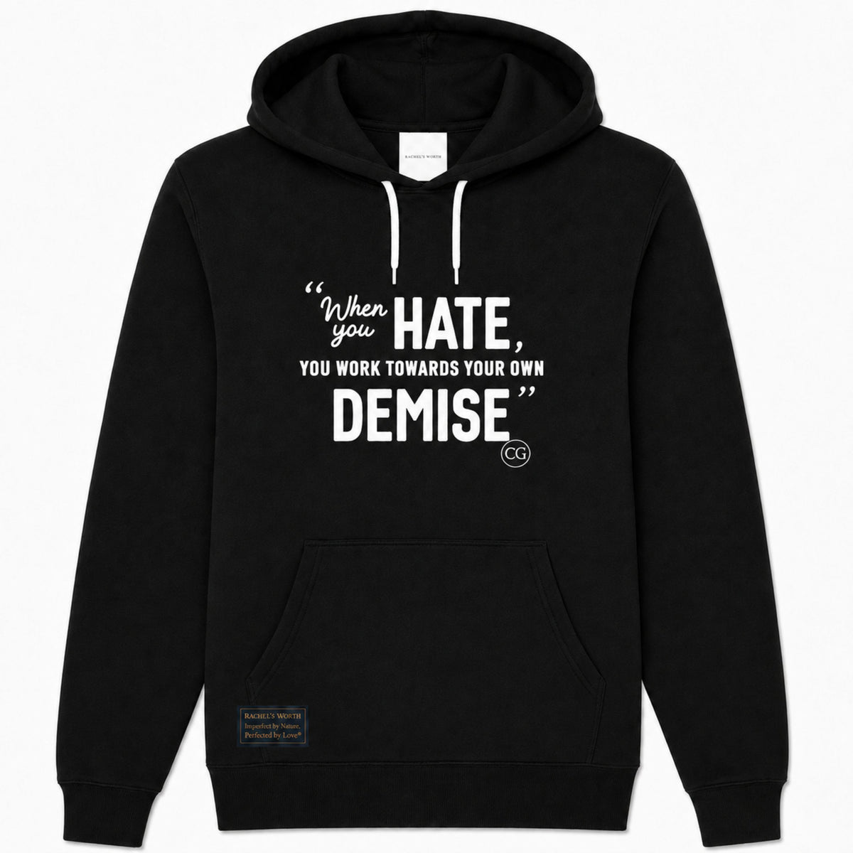 Front view of the Rachel's Worth Demise Black Hoodie featuring the faith-inspired statement design.