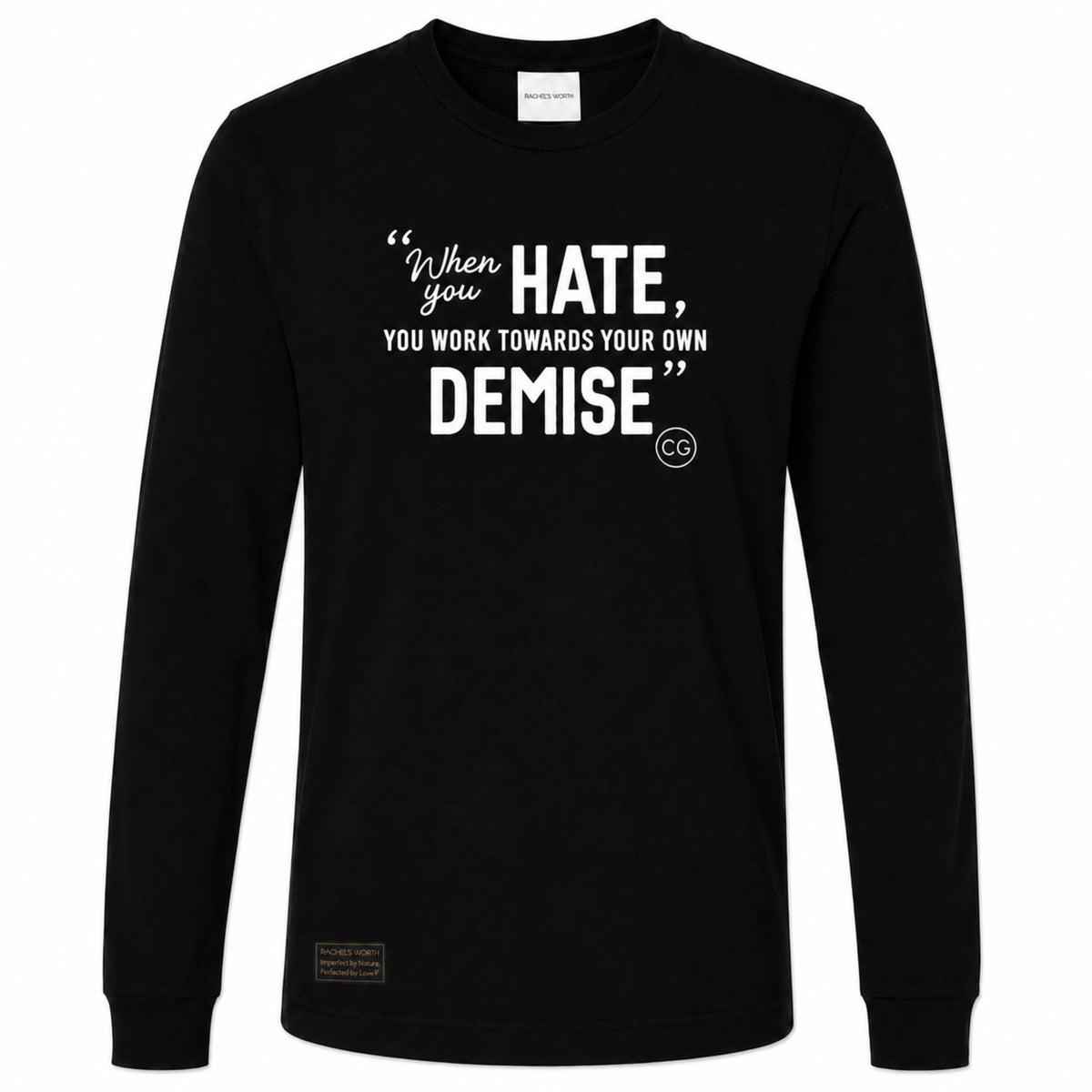 Front view of the Rachel's Worth Demise Black Long Sleeve Tee with faith-inspired statement typography.