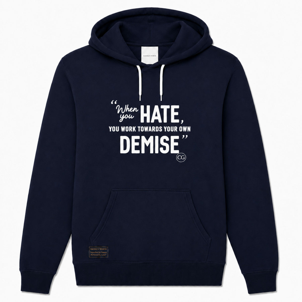 Front view of the Rachel's Worth Demise Navy Hoodie featuring the faith-inspired statement design.