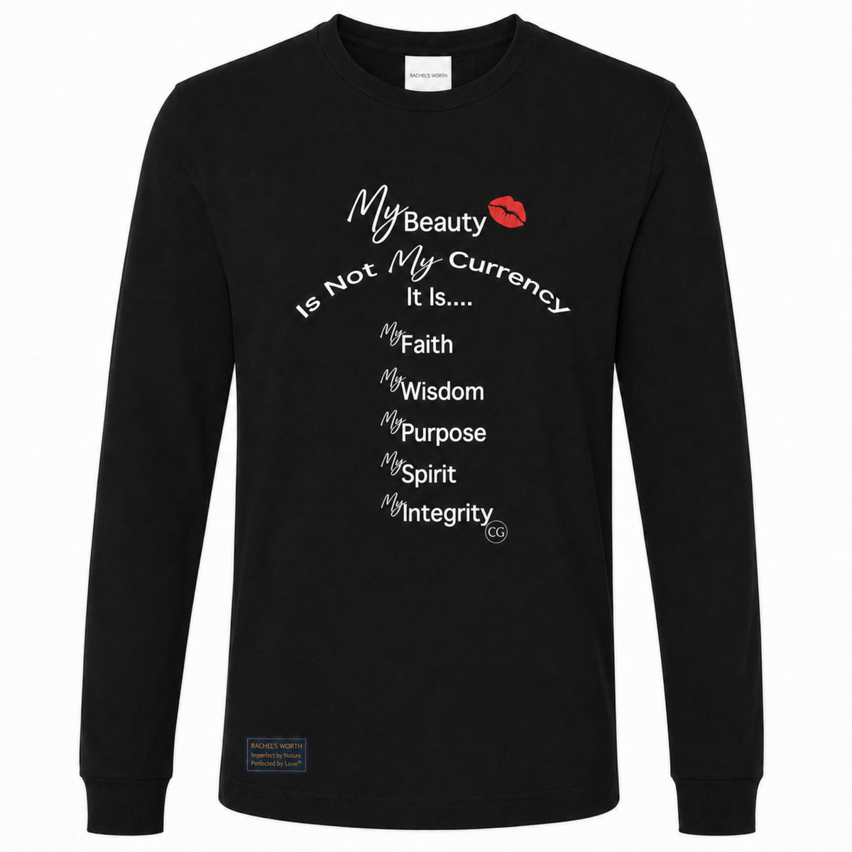 Front view of the Rachel's Worth True Currency Long Sleeve Black Tee with faith, wisdom, purpose, spirit, and integrity artwork.