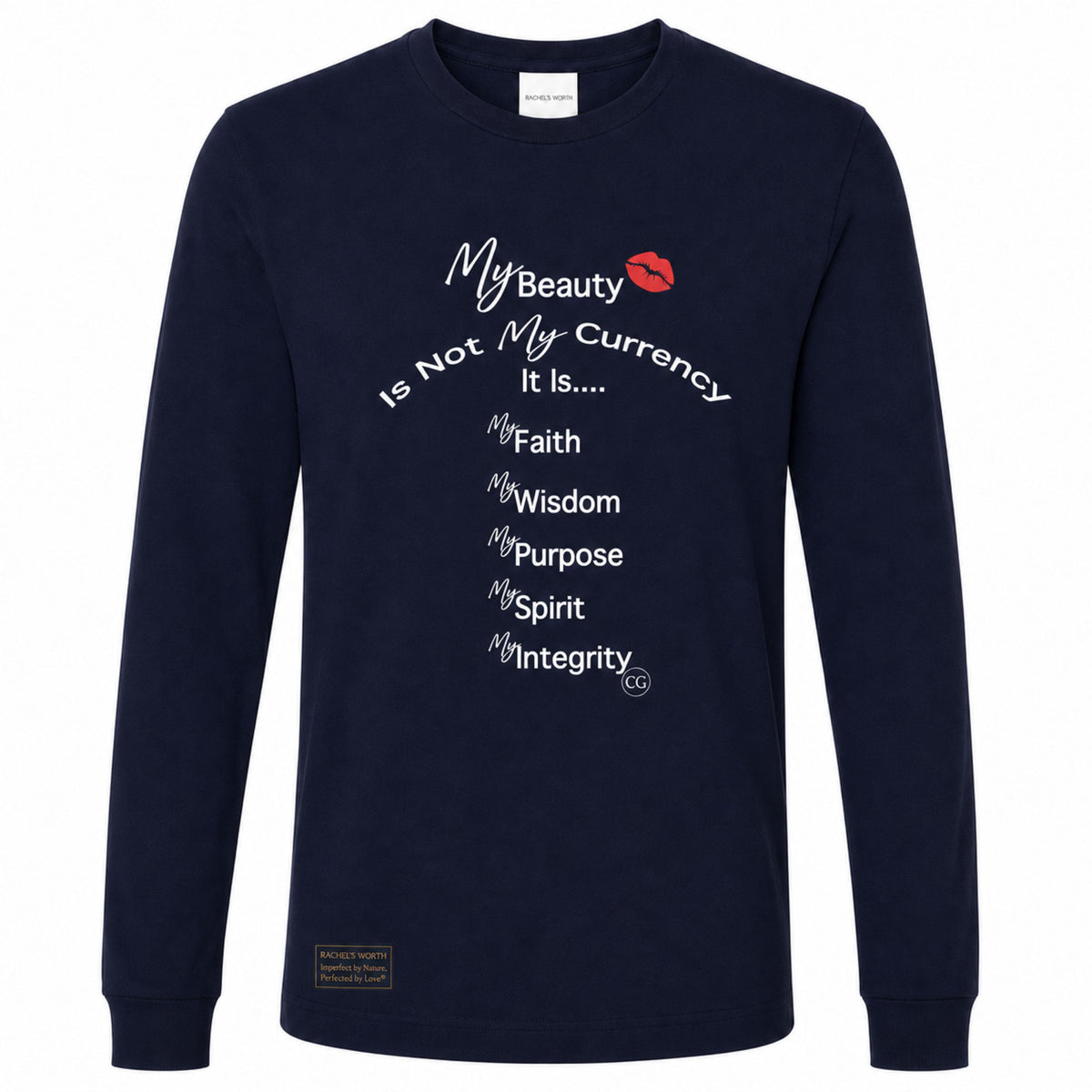 Front view of the Rachel's Worth True Currency Long Sleeve Navy Tee with faith, wisdom, purpose, spirit, and integrity artwork.