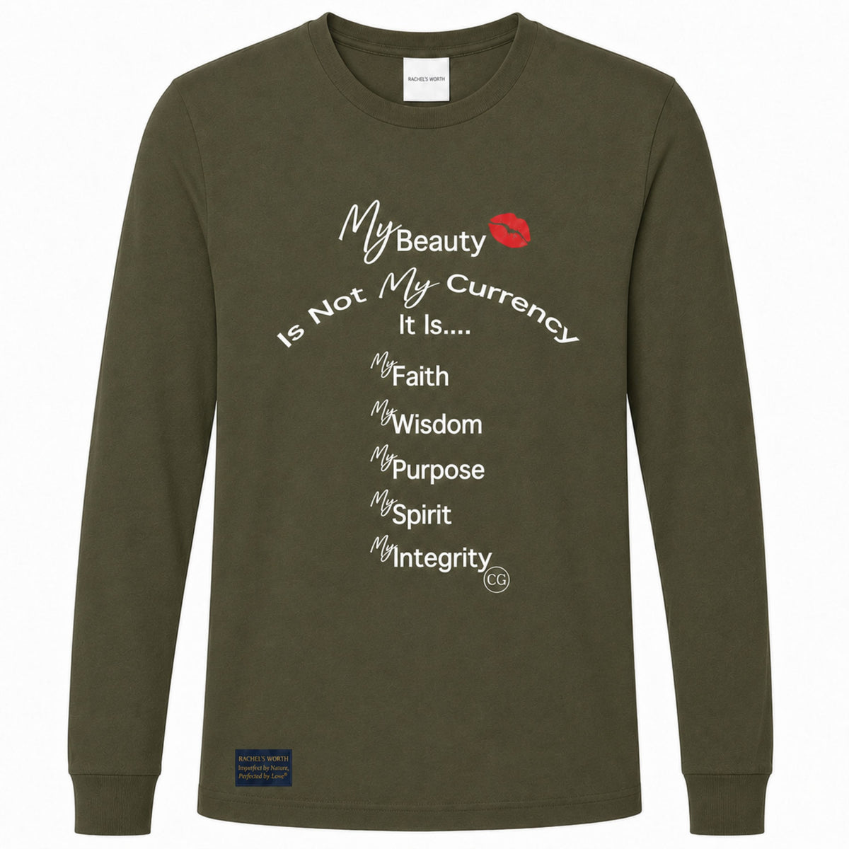 Front view of the Rachel's Worth True Currency Long Sleeve Olive Tee with faith, wisdom, purpose, spirit, and integrity artwork.