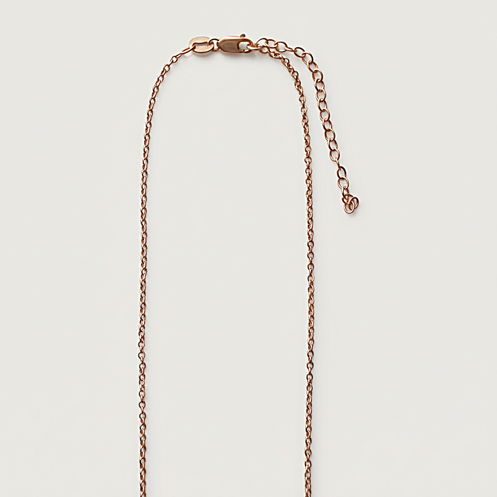 Close-up of the XIV 18K Rose Gold Vermeil Necklace showing the diamond-cut rolo chain, 2-inch extender, and lobster-claw clasp.
