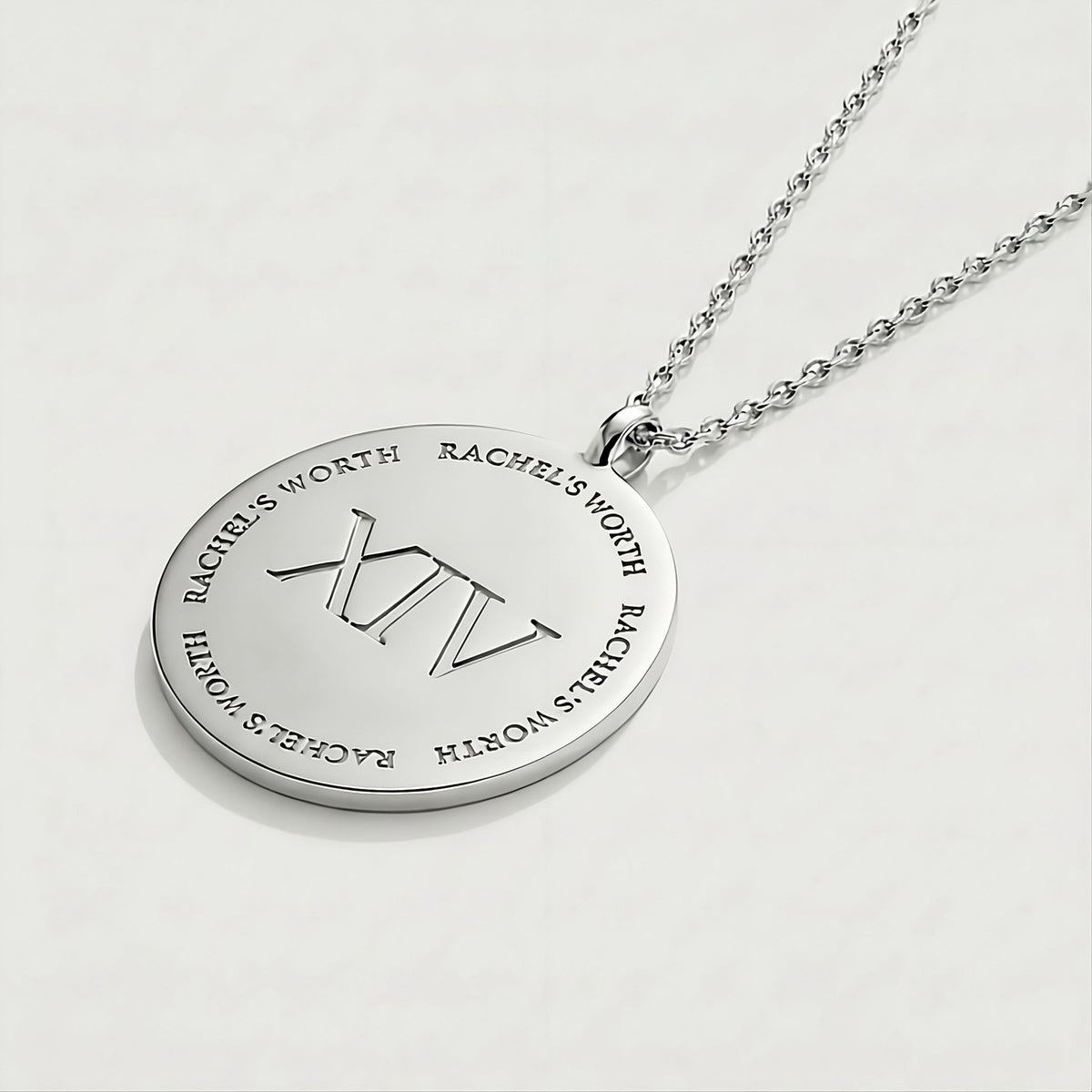 Detailed view of the .925 sterling silver craftsmanship on the Rachel's Worth XIV Coin Pendant Necklace.