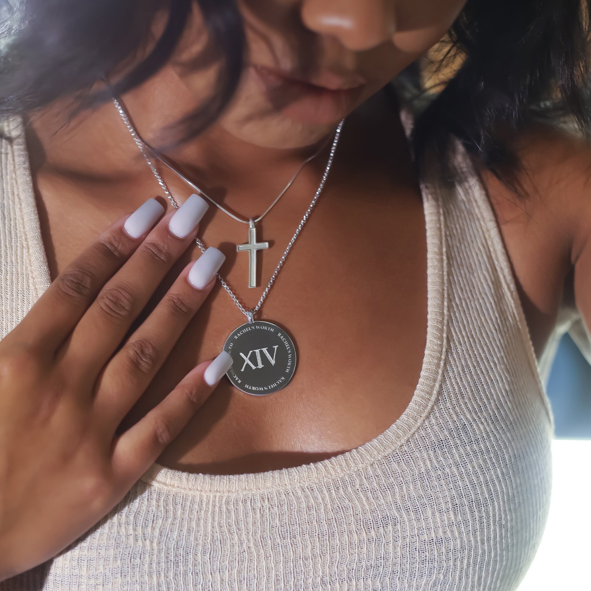Rachel's Worth Sterling Silver RW XIV Coin Necklace stacked with cross